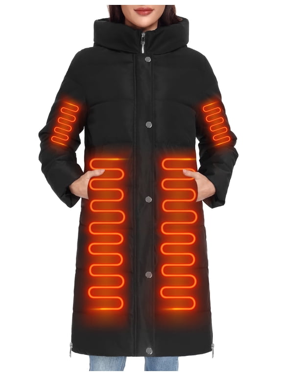 Women's Long Heated Down Jacket with Hood, 8 Heating Zones Water-Repellent Winter Coat