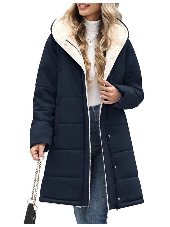 Women's Long Puffer Coat Hooded Sherpa Fleece Lined Winter Parka Warm Quilted Padded Jacket with Pockets