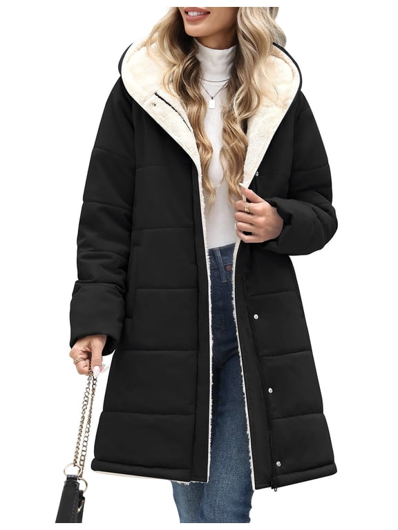 Women's Long Puffer Coat Hooded Sherpa Fleece Lined Winter Parka Warm Quilted Padded Jacket with Pockets