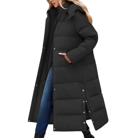 LVWQ Women's Long Puffer Coat Winter Maxi Quilted Padded Parka with Removable Hood Warm Hooded Jacket