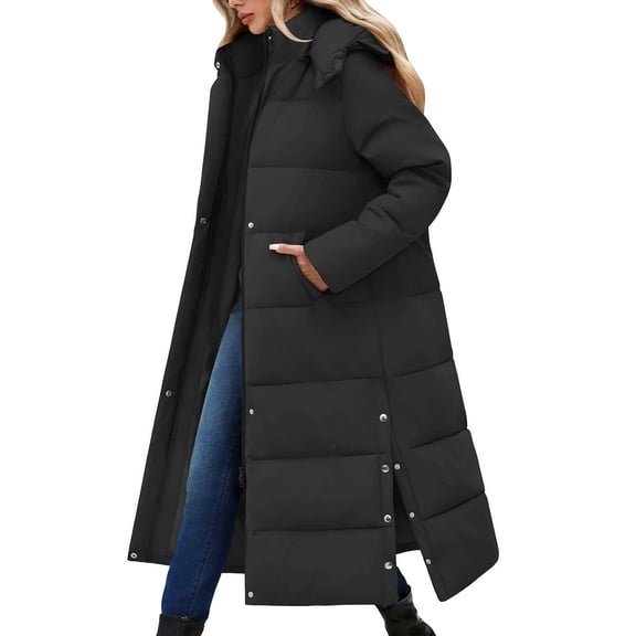 LVWQ Women's Long Puffer Coat Winter Maxi Quilted Padded Parka with Removable Hood Warm Hooded Jacket