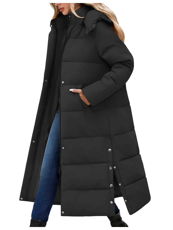Women's Long Puffer Coat Winter Maxi Quilted Padded Parka with Removable Hood Warm Hooded Jacket
