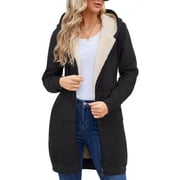 Women's Long Sherpa Lined Hoodie Jacket Full Zip Fleece Sweatshirt Warm Hooded Coat with Pockets Winter Casual Tunic Outerwear