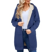 Women's Long Sherpa Lined Hoodie Jacket Full Zip Fleece Sweatshirt Warm Hooded Coat with Pockets Winter Casual Tunic Outerwear