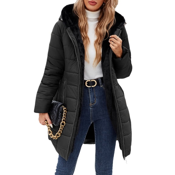 LVWQ Women's Long Winter Puffer Coat Hooded Water-Resistant Quilted Jacket Soft Rabbit Fleece Lined Warm Thick Parka Zip Up Outerwear