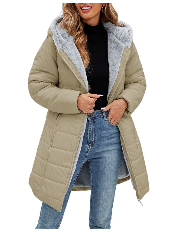 Women's Long Winter Puffer Coat Hooded Water-Resistant Quilted Jacket Soft Rabbit Fleece Lined Warm Thick Parka Zip Up Outerwear
