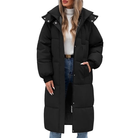 LVWQ Women's Long Puffer Coat Hooded Winter Jacket Quilted Full Length Warm Padded Parka with Pockets