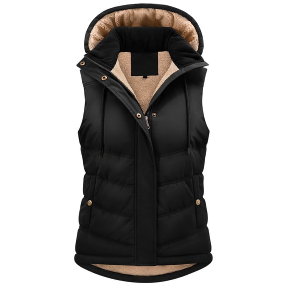 LVWQ Women's Sherpa Fleece Lined Insulated Vest with Detachable Hood, Quilted Cotton Filled Sleeveless Winter Jacket with Adjustable Waist