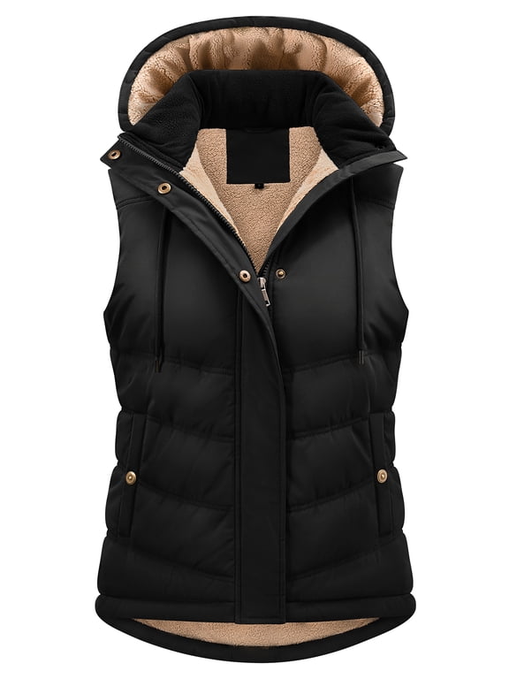 Women's Sherpa Fleece Lined Quilted Vest with Detachable Hood and Adjustable Waist