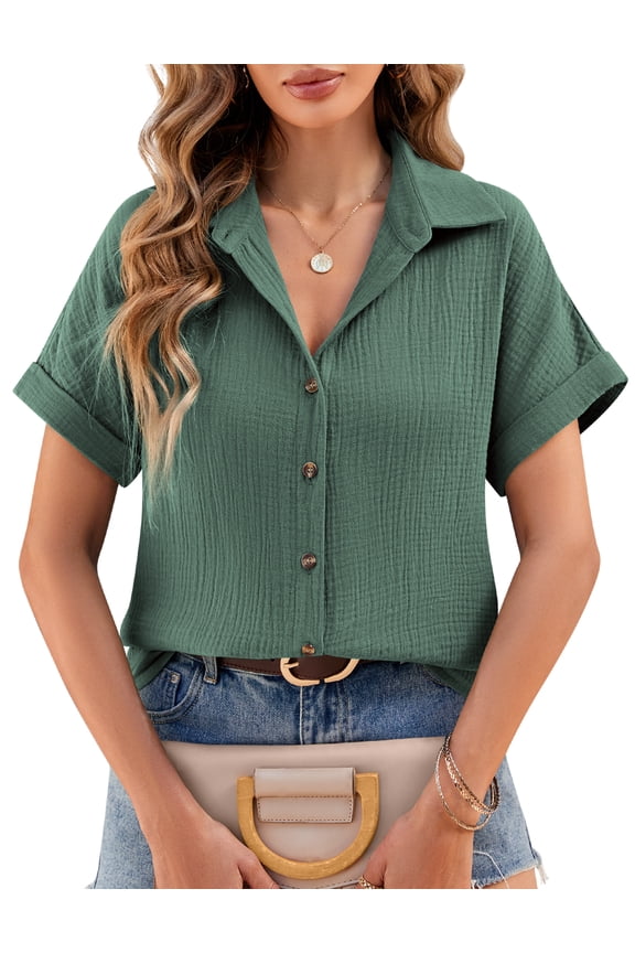 Women's Summer Chiffon Cotton Blouse V Neck Short Sleeve Button Down Solid Color Loose Fit Casual Elegant Ladies Tops