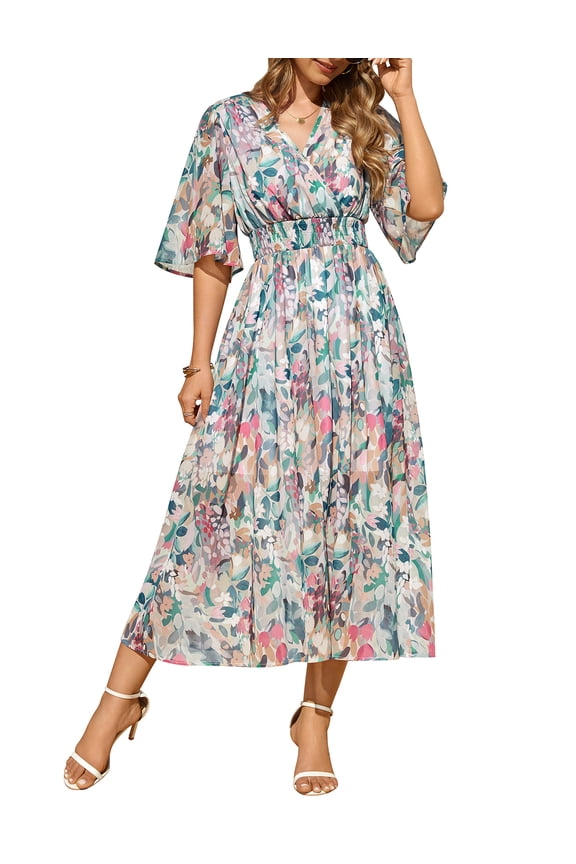 Women's Summer Floral Maxi Dress V Neck Short Sleeve Bohemian Flowy Swing Dress for Beach Holiday Wedding
