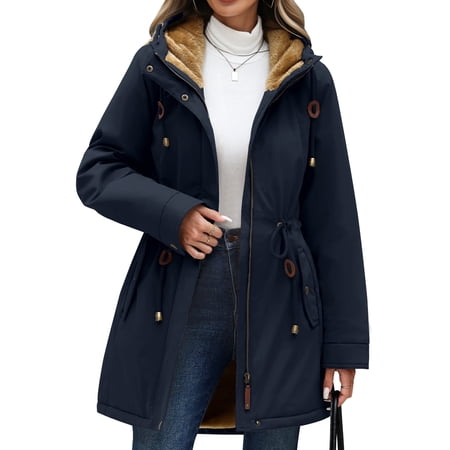 LVWQ Women's Winter Coat Waterproof Fleece Lined Hooded Parka Jacket with Pockets Mid Length Warm Outerwear