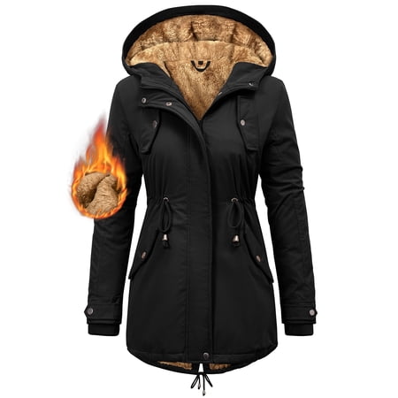 LVWQ Women's Winter Parka Coat Fleece Lined Hooded Jacket, Warm Water Resistant Winter Coat with Pockets, Casual Outdoor Jacket