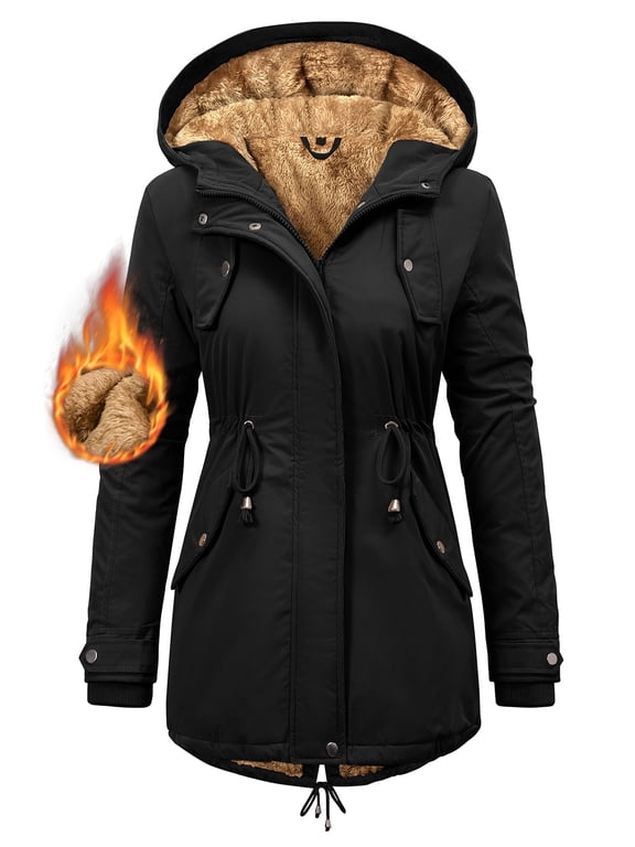 Women's Winter Parka Coat Fleece Lined Hooded Jacket, Warm Water Resistant Winter Coat with Pockets, Casual Outdoor Jacket