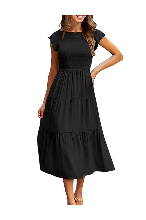 Womens Summer Maxi Dress Crewneck Ruffle Sleeve Boho Tiered Sundress Smocked Elastic Waist Flowy Long Beach Swing Dress