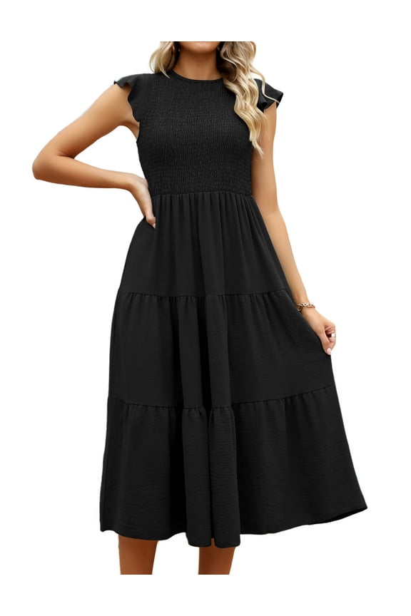 Womens Summer Maxi Dress Crewneck Ruffle Sleeve Boho Tiered Sundress Smocked Elastic Waist Flowy Long Beach Swing Dress