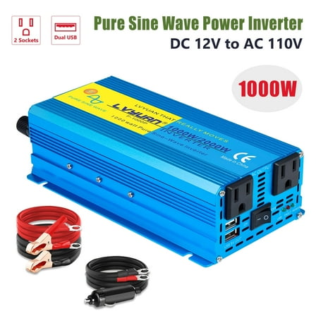 LVYUAN 1000W 2000W Peak Power Inverter DC 12V to AC 110V Pure Sine Wave Car Battery Inverter 2 AC Outlets & 2 USB Charger Adapter for Car, RV, Truck, Camping, Home Backup, Emergency Power