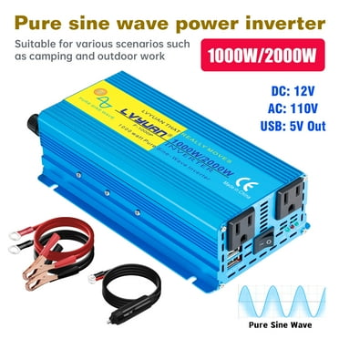 LVYUAN 1000 Watts 2000 Watts Pure Sine Wave Power Inverter DC 12V to AC 110V 120V Car Battery Converter Charger Adapter 2USB 2AC for Car, RV, Camping & Home Backup