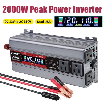 LVYUAN 1000 Watts 2000 Watts Peak Modified Sine Wave Power Inverter DC 12V to AC 110V 120V Car Converter Adapter USB Charger with 2USB 4AC LCD Display Silver for RVs, Trucks, Travel, Camping Silver