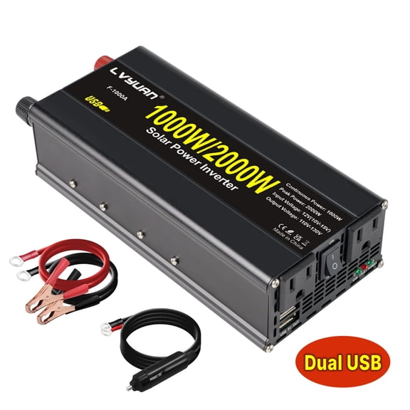 1000W 2000W Peak Modified Sine Wave Power Inverter 12V DC to 110V AC Converter Adapter USB Charger, 2AC Outlets & 2 USB, LED Display for Car, RV, Outdoor Camping & Home Backup Black