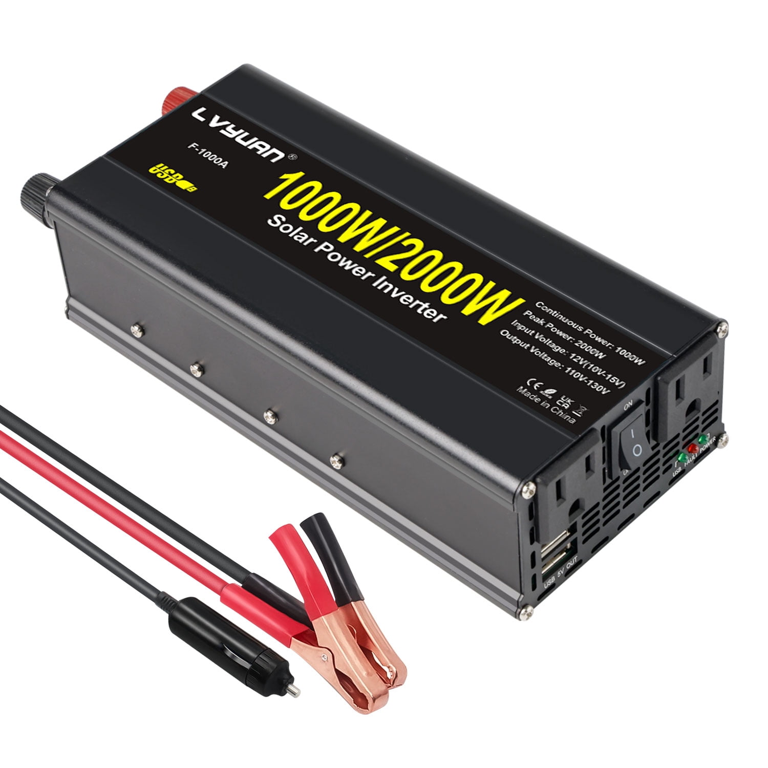 LVYUAN 1000W 2000W Peak Power Inverter, DC12V to AC110V Power Converter with 2 AC Outlets & 2 USB Ports, Battery Converter Charger for Car, RV, Camping, Home Emergency Backup