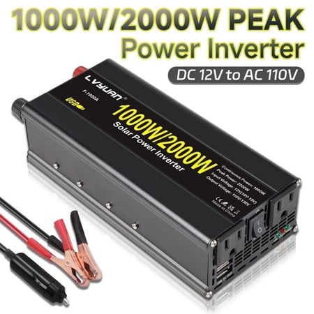 1000W Power Inverter 12V DC to 110V AC Car Inverter Converter with 2AC Outlets & 2 USB for Car, RV, Outdoor Camping & Home Backup Black Peak Modified Sine Wave Power Inverter