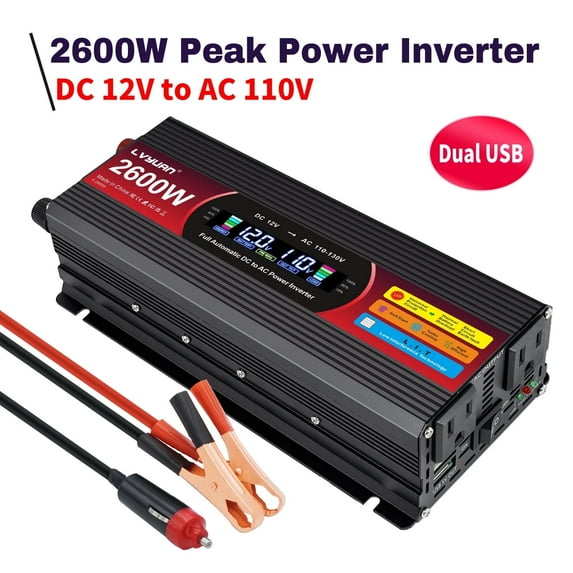 LVYUAN 1300W 2600W Peak Power Inverter DC 12V to AC 110V, Modified Sine Wave Car Inverter with Dual USB (3.1A) & 2 AC Outlets, LCD Display – for Camping, RV, Trucks, Home Emergency