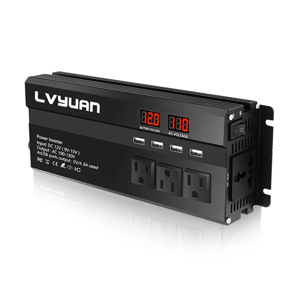 LVYUAN 1300W/2600W Peak Power Inverter DC 12V to AC 110V, 4 AC Outlets & 4 USB Ports (3.1A), Modified Sine Wave Car Inverter with LED Display for RV, Truck, Camping, Home, Emergency Power