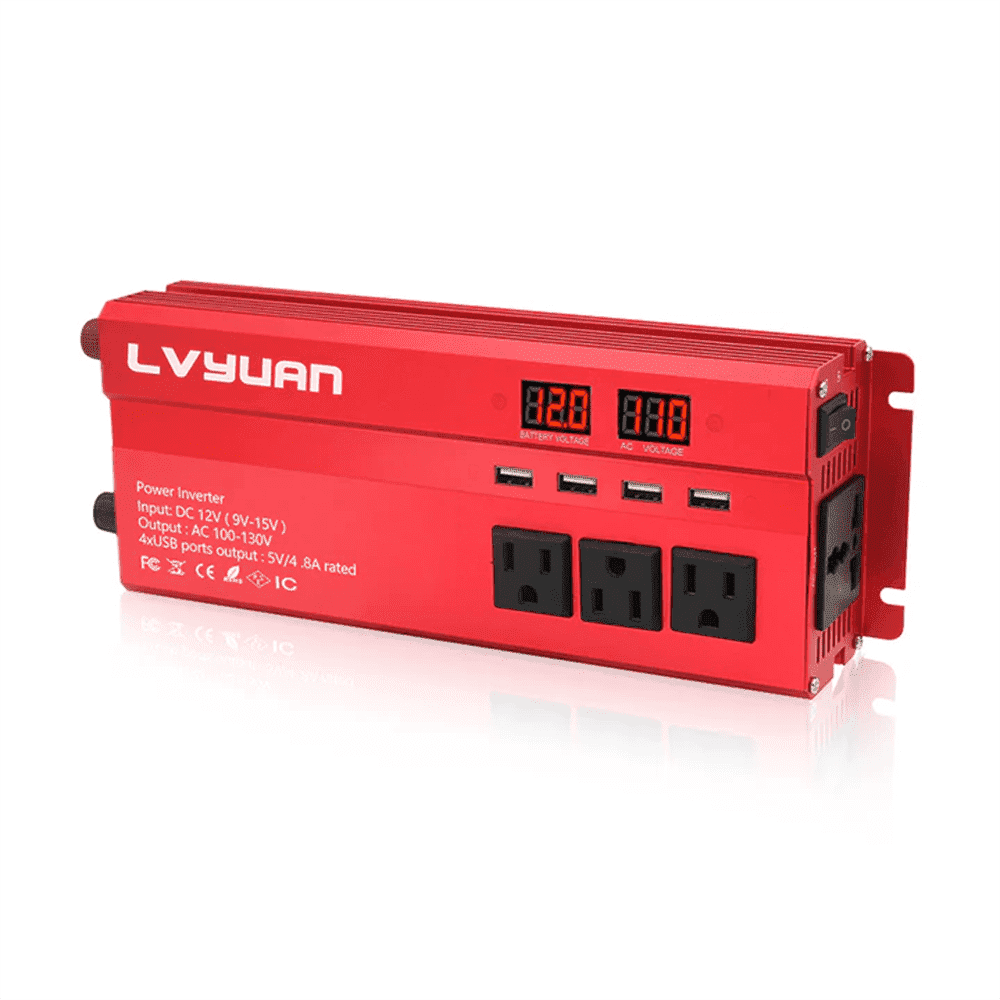LVYUAN 1300W/2600W Peak Power Inverter DC 12V to AC 110V, 4 AC Outlets & 4 USB Ports (3.1A), Modified Sine Wave Car Inverter with LED Display for RV, Truck, Camping, Home, Emergency Power