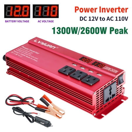 LVYUAN 1300W/2600W Peak Power Inverter DC 12V to AC 110V, 4 AC Outlets & 4 USB Ports (3.1A), Modified Sine Wave Car Inverter with LED Display for RV, Truck, Camping, Home, Emergency Power