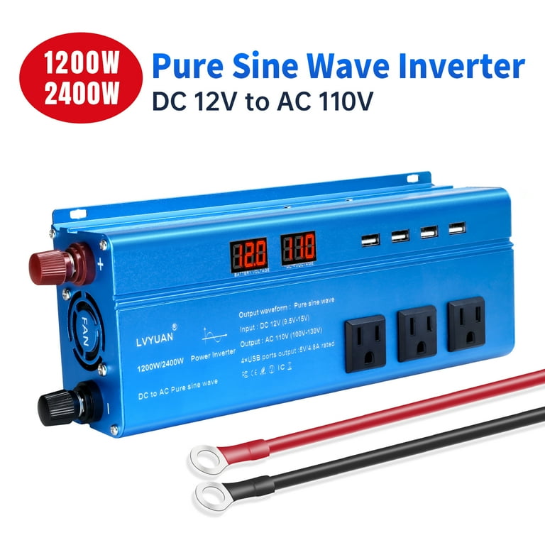 LVYUAN 1200W 2400W Peak Pure Sine Wave Power Inverter 12V to 110V