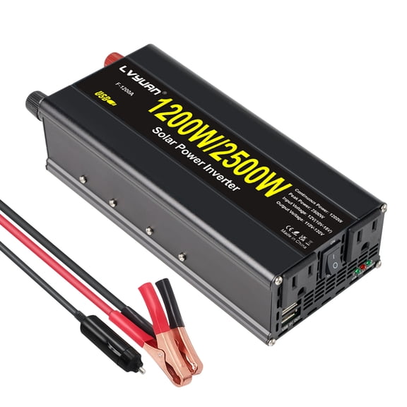 LVYUAN 1200W 2500W Peak Power Inverter, DC12V to AC110V Power Converter with 2 AC Outlets & 2 USB Ports, Battery Converter Charger for Car, RV, Camping, Home Emergency Backup