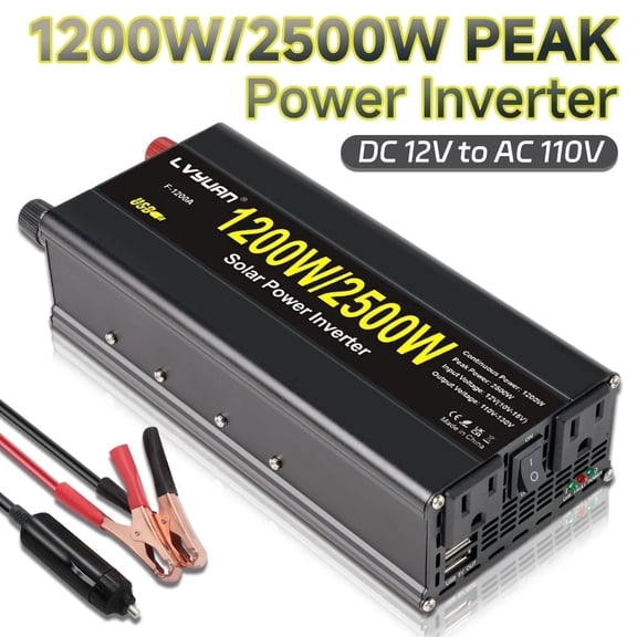 1200W Power Inverter 12V DC to 110V AC Car Inverter Converter with 2AC Outlets & 2 USB for Car, RV, Outdoor Camping & Home Backup Black Peak Modified Sine Wave Power Inverter
