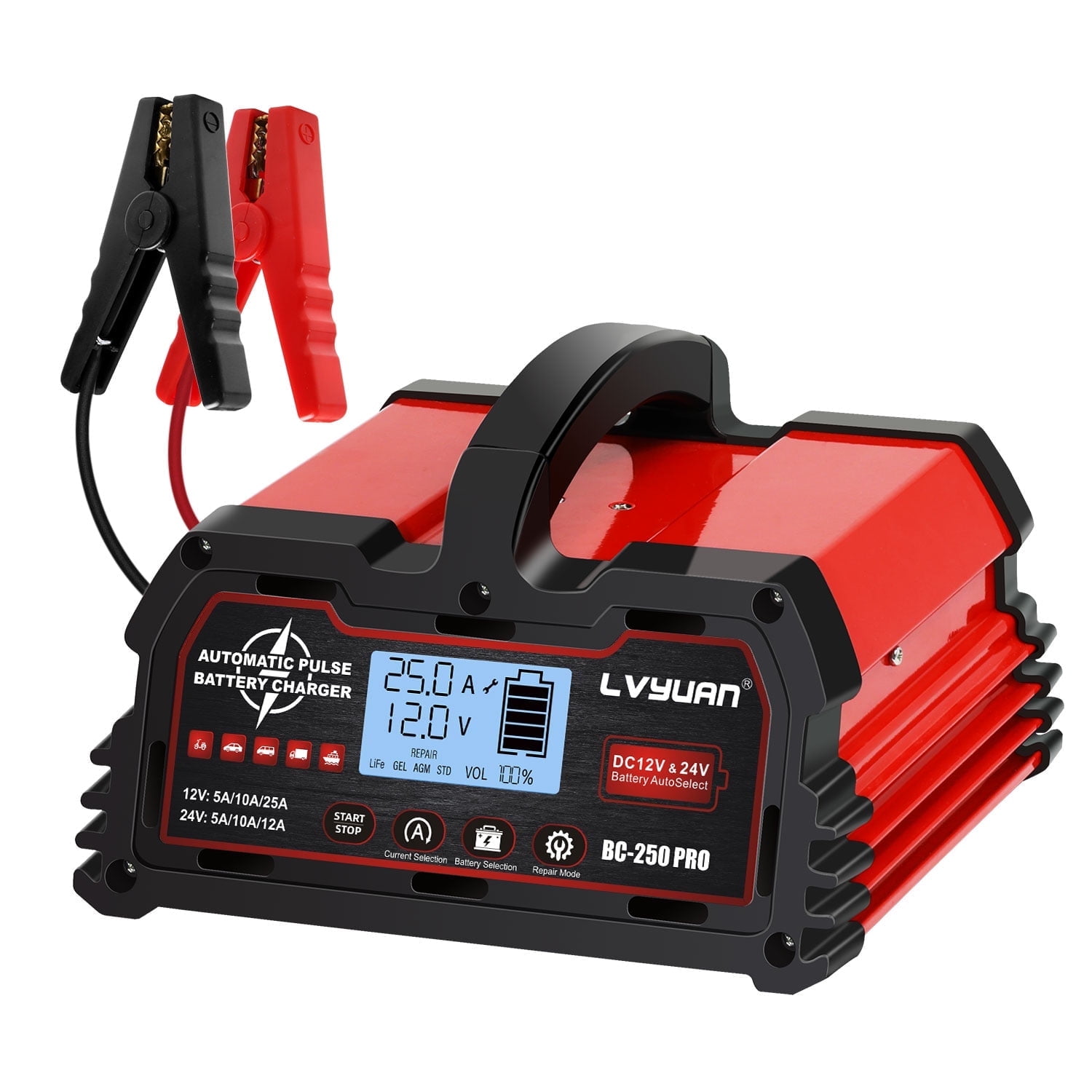 LVYUAN 12V/24V Smart Battery Charger - 5A/10A/20A, For Car, Truck, Motorcycle, AGM, Lithium