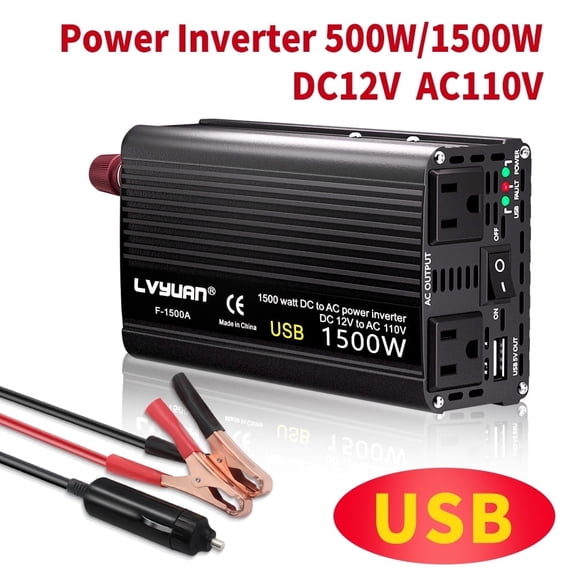 LVYUAN 1500 Watts Peak Power Inverter Modified Sine Wave DC 12V to AC 110V 120V Car Converter 2 AC Outlets   USB Adapter USB Charger for Car, RV, Camping & Home Backup Black