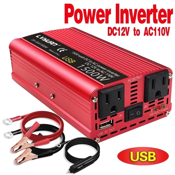 LVYUAN 1500 Watts Peak Power Inverter Car Converter Adapter USB Charger Modified Sine Wave DC 12v to AC 110V Red