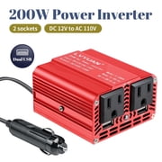 LVYUAN 200W Power Inverter DC 12V to AC 100V Car Converter with 2 US Outlets & Dual 3.1A USB Ports, Car Charger Plug Adapter for Vehicles RV Travel Camping Trip Laptop Computer Red
