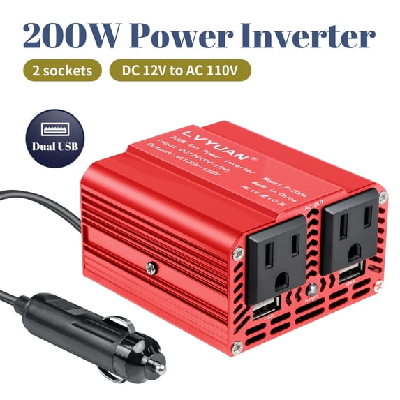 200W Modified Sine Wave Power Inverter 12V DC to 110V AC Vehicles Converter 2 AC Outlets + 2USB Charger Car Plug Adapter for Laptop, Computer, Car, RV, Camping & Home Red