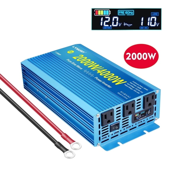 EFFORTWAY 2000W Power Inverter DC 12V to AC 110V Pure Sine Wave Car Inverter 3AC Outlets LCD Display for Vehicles, Outdoor Travel