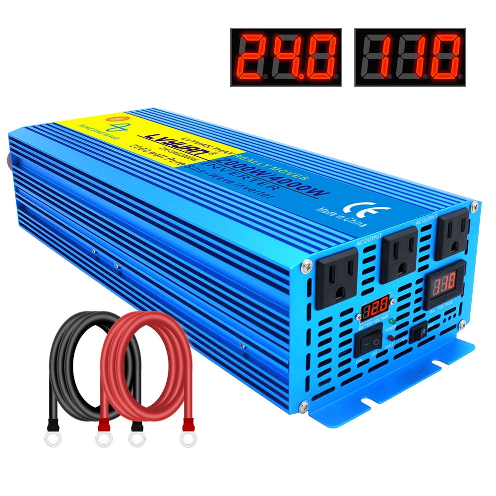 LVYUAN 2000W 4000W Peak Power Inverter DC 24V to AC 110V Pure Sine Wave Car Battery Inverter 3 AC Outlets Charger Adapter LCD Display for Car, RV, Truck, Camping, Home Backup, Emergency Power
