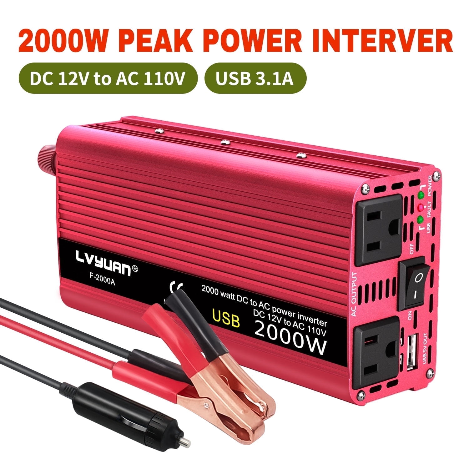 LVYUAN 2000 Watts Peak Power Inverter Modified Sine Wave DC 12V to AC 110V 120V Car Converter 2 AC Outlets + USB Adapter USB Charger for Car, RV, Camping & Home Backup Red