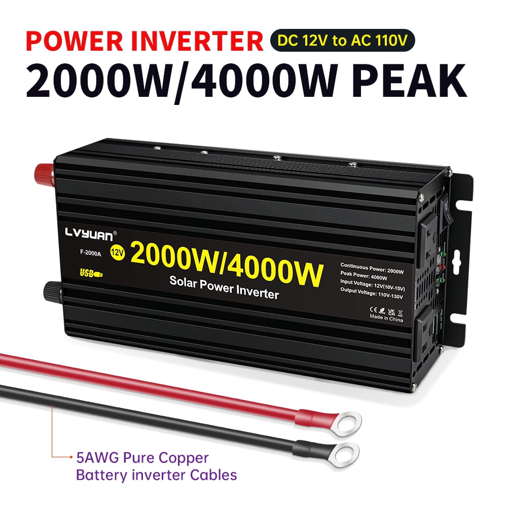2000W 4000W Peak Modified Sine Wave Power Inverter 12V DC to 110V AC Converter Adapter USB Charger, 2AC Outlets & 2 USB, LED Display for Car, RV, Outdoor Camping & Home Backup Black