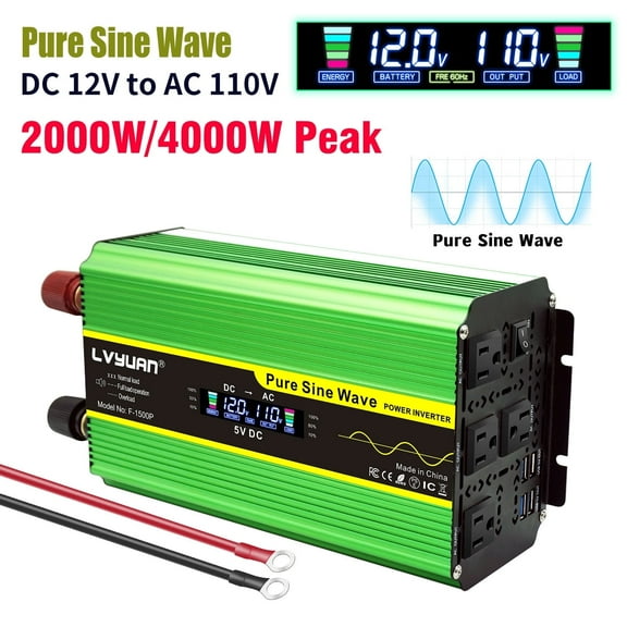 LVYUAN 2000W 4000W Pure Sine Wave Power Inverter 12V DC to 110V AC Car Converter 4 AC Outlets + 4 USB Charger LCD Display with Remote Control for Vehicles, RV, Camping & Home Backup Green