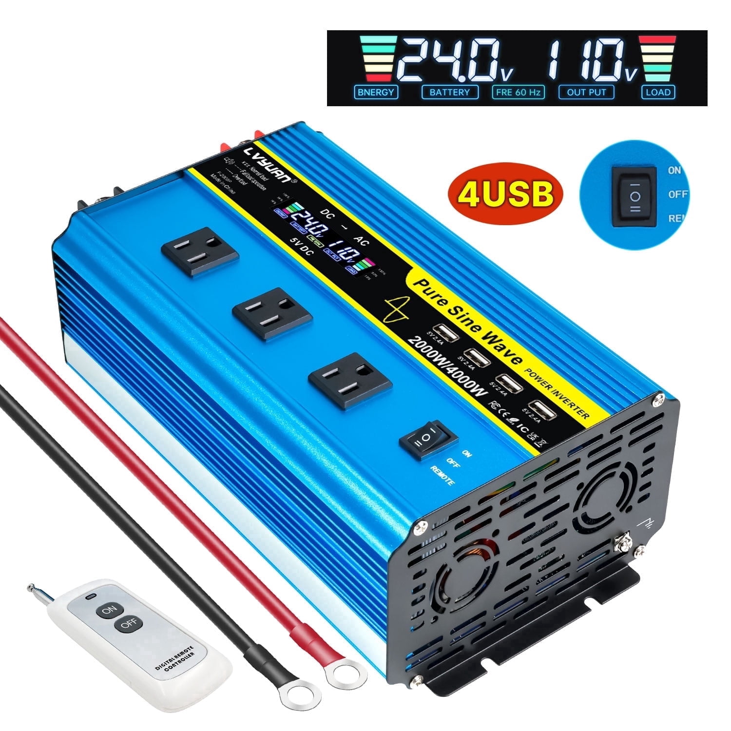 LVYUAN 2000Watts Pure Sine Wave Power Inverter DC 24V to AC 110V 