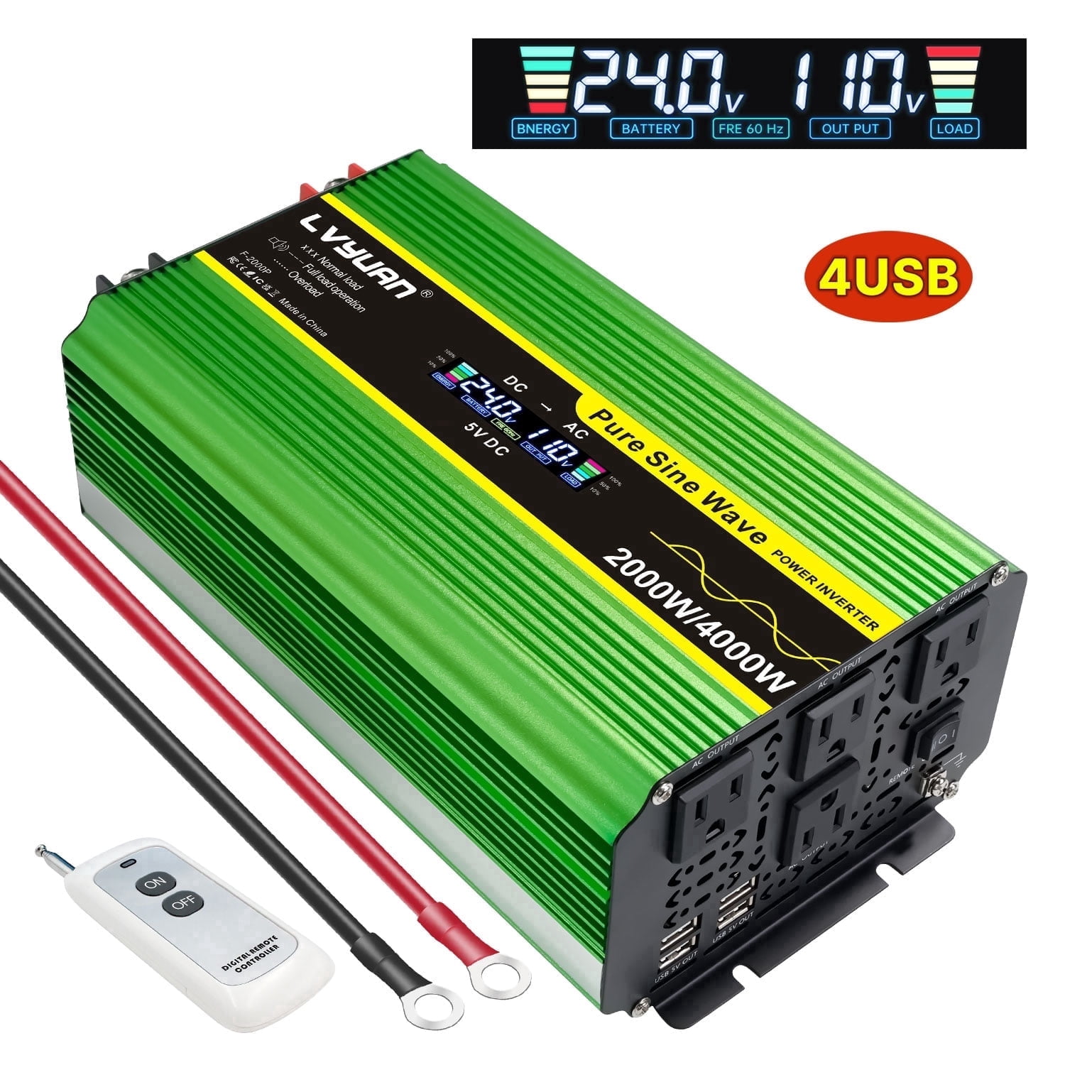LVYUAN 2000Watts Pure Sine Wave Power Inverter DC 24V to AC 110V 