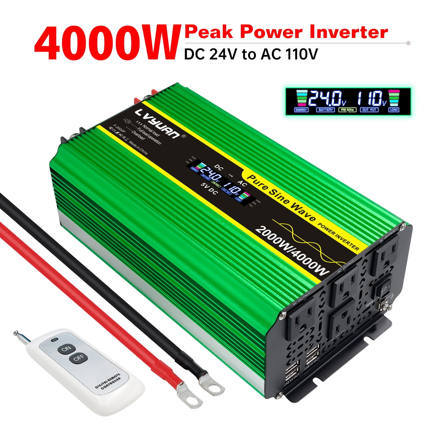 LVYUAN 2000W Pure Sine Wave Power Inverter 4000W Peak DC 24V to AC 110V Car Converter with LCD Display, Remote Control, 4 AC & 4 USB Ports, for Car, RV, Truck, Camping, Off-Grid, Home Backup Green