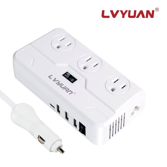 LVYUAN 200W Car Power Inverter, Converter 12V DC to 110V AC Car Adapter with 3 AC, PD & QC 20W USB, Dual 4.8W USB Ports Fast Charging, LED Display, for Laptop, Vehicles, Road Trip, Camping White