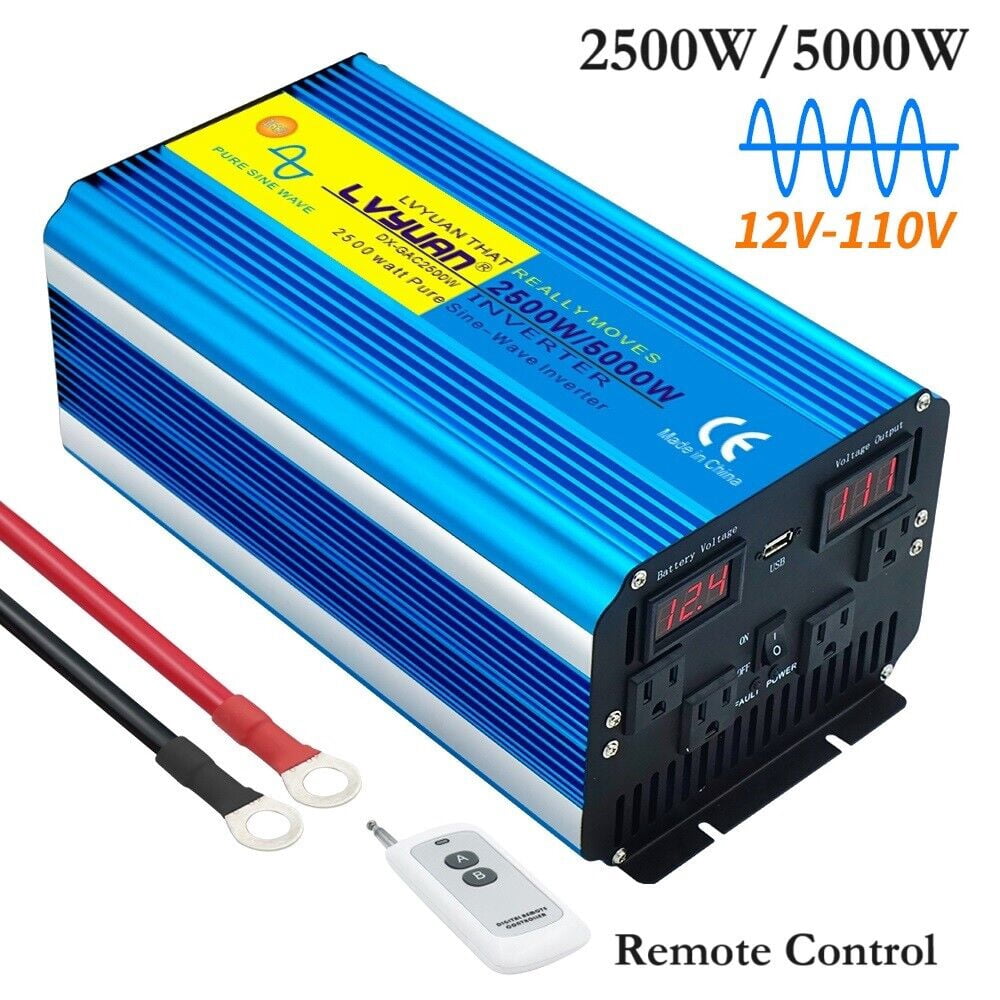 LVYUAN 2500W 5000W Peak Pure Sine Wave Power Inverter 12V DC to 110V AC Converter, 60Hz/50Hz, 4 AC Outlets + USB, LED Display, Remote Control for Car, RV, Camping & Home Backup