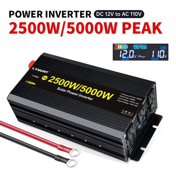 2500W 5000W Peak Modified Sine Wave Power Inverter 12V DC to 110V AC Converter Adapter USB Charger, 3AC Outlets & 2 USB, LCD Display for Car, RV, Outdoor Camping & Home Backup Black