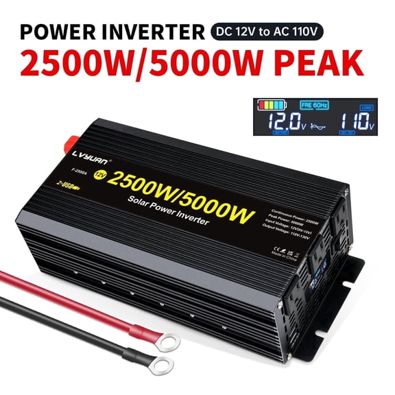 2500W Power Inverter 12V DC to 110V AC Car Inverter Converter With LCD Display, 3AC Outlets & 2 USB for Car, RV, Outdoor Camping & Home Backup Black Peak Modified Sine Wave Power Inverter
